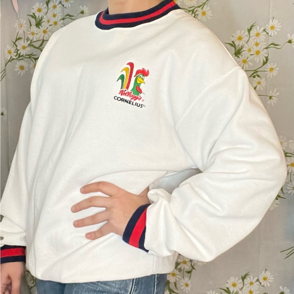Vintage Kelloggs Cornelius rooster white navy red stripe preppy novelty sweater - Picture 2 of 10